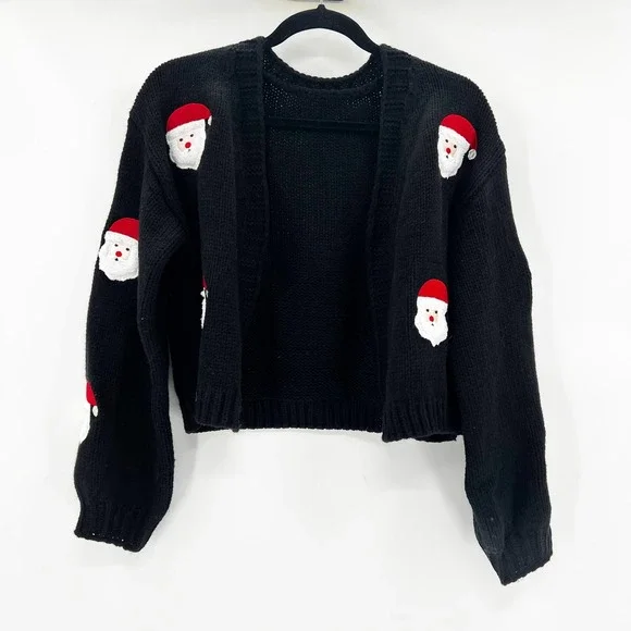 Chicwish Black Cropped Cardigan Sweater Santa Claus Faces Holiday Theme Size M - Picture 2 of 4
